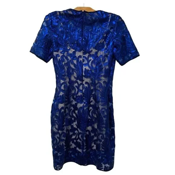 Belle Badgley Mischka | Dress Gloria Blue Sequin Short Sleeve Knee Length NWT- 8 - Picture 10 of 10